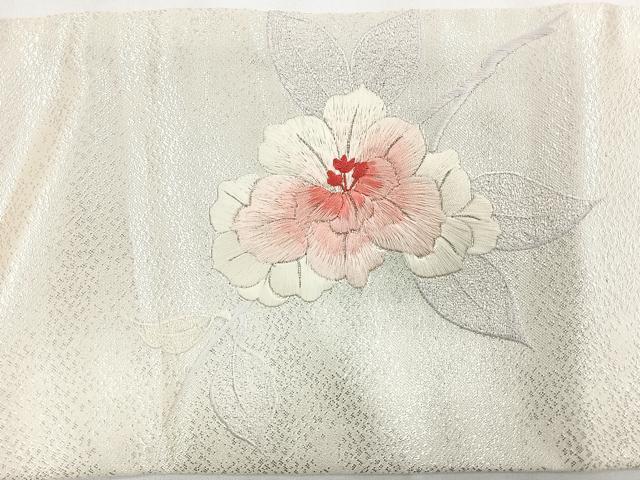 平和屋着物◎九寸名古屋帯 刺繍 草花文 銀糸 正絹 逸品 CABD4856nb