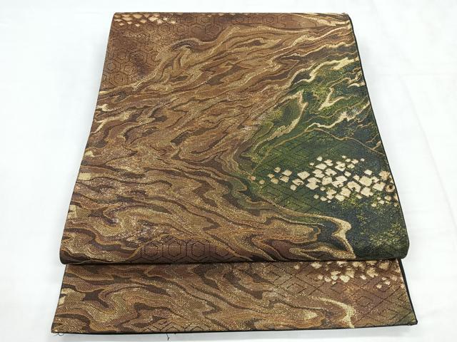 平和屋着物◎六通柄袋帯 霞文 金糸 正絹 逸品 CABD5040nb