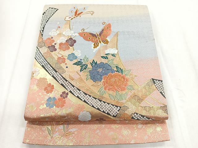 平和屋着物◎太鼓柄袋帯 唐織 花蝶文 金糸 正絹 逸品 CABD5063nb
