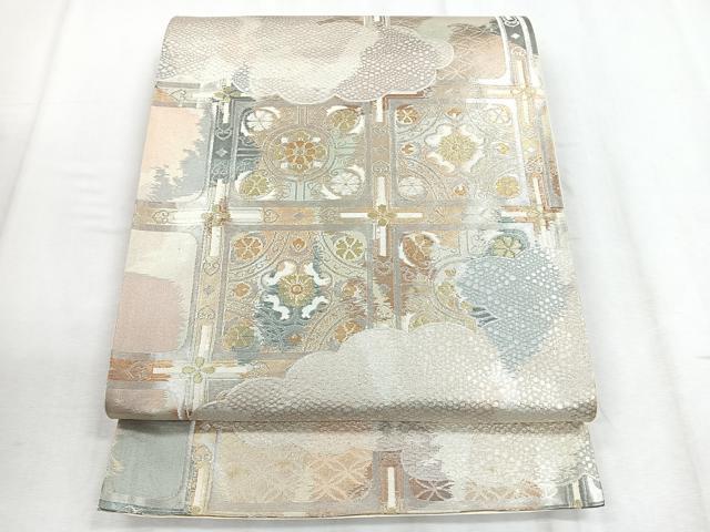 平和屋着物◎六通柄袋帯 格子花文 金銀糸 正絹 逸品 CABD5155nb