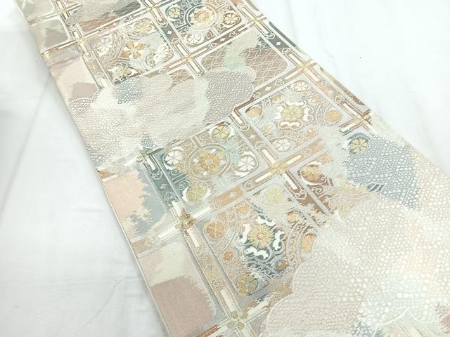 平和屋着物◎六通柄袋帯 格子花文 金銀糸 正絹 逸品 CABD5155nb