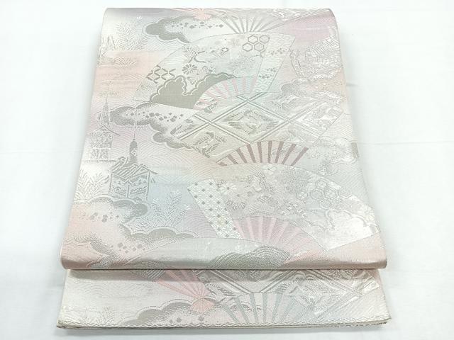 平和屋着物◎六通柄袋帯 扇面花文 銀糸 正絹 逸品 CABD5188nb