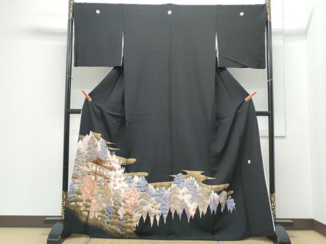 平和屋着物■豪華黒留袖 作家物 駒刺繍 風景文 金彩 ロング丈 正絹 逸品 CABD5415th