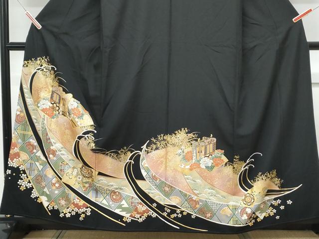 平和屋着物■豪華黒留袖 駒刺繍 地紙御所車花文 金彩 正絹 逸品 CABD5464th