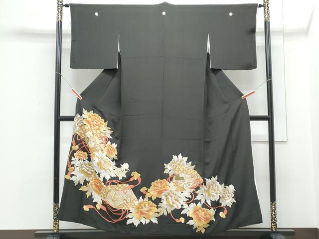 平和屋着物▼豪華黒留袖 駒刺繍 桧扇花文 金銀糸 正絹 逸品 CABD5491th