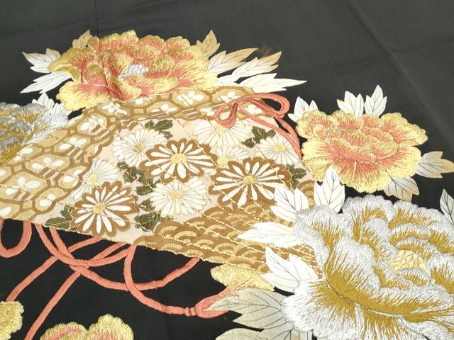 平和屋着物▼豪華黒留袖 駒刺繍 桧扇花文 金銀糸 正絹 逸品 CABD5491th
