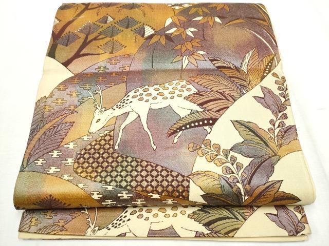 平和屋着物○六通柄袋帯 鹿 枝葉文 正絹 逸品 CABD5635hy