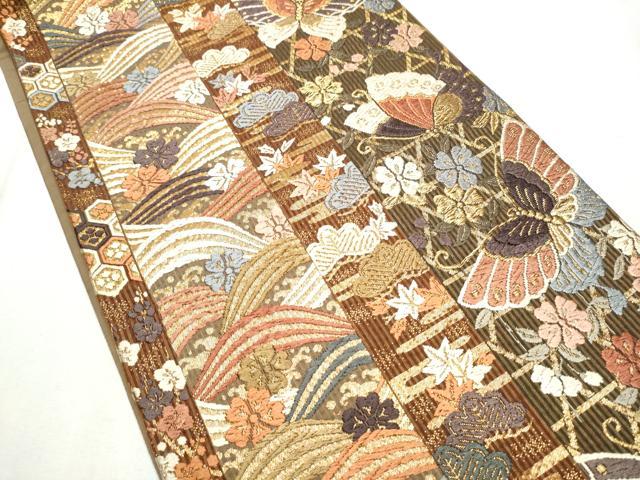平和屋着物●六通柄袋帯 唐織 花蝶文 金糸 正絹 逸品 CABD5661hy