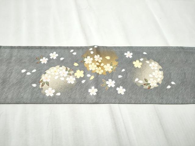 平和屋着物●両面 半幅帯 螺鈿 雪輪舞桜文 金彩 正絹 逸品 CABD5710hy
