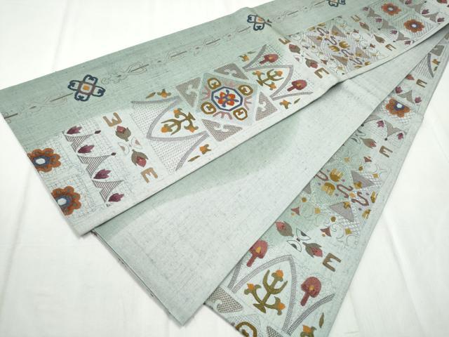 平和屋着物●中国三大刺繍 スワトウ相良刺繍 総刺繍 全通柄袋帯 紬地 幾何学花文 正絹 逸品 CABD5775hy