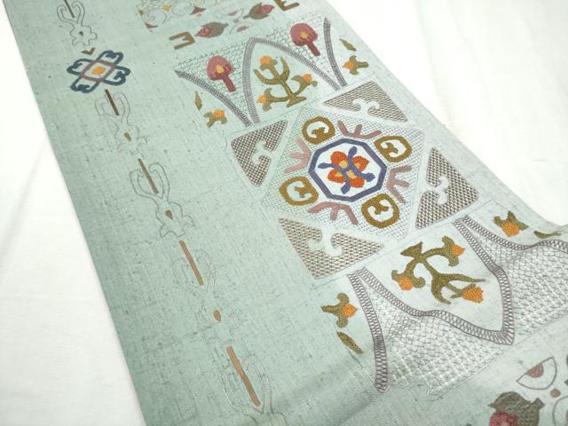 平和屋着物●中国三大刺繍 スワトウ相良刺繍 総刺繍 全通柄袋帯 紬地 幾何学花文 正絹 逸品 CABD5775hy