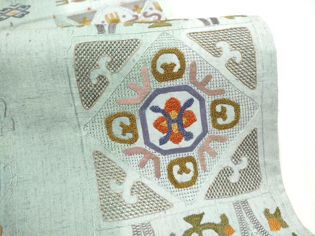平和屋着物●中国三大刺繍 スワトウ相良刺繍 総刺繍 全通柄袋帯 紬地 幾何学花文 正絹 逸品 CABD5775hy