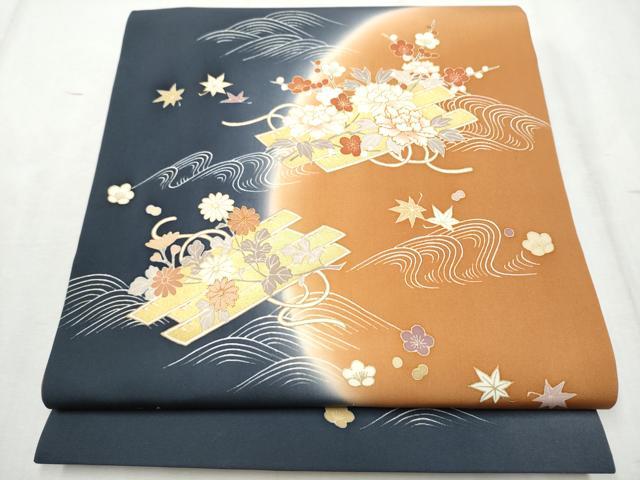 平和屋着物●塩瀬 太鼓柄袋帯 駒刺繍 花筏文 金彩 正絹 逸品 CABD5801hy
