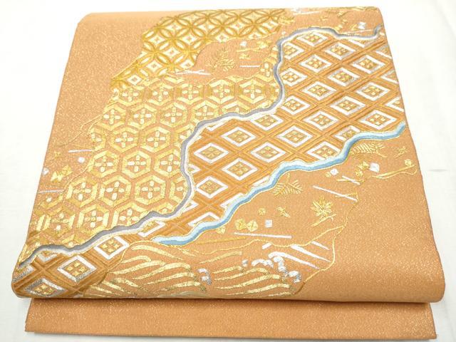 平和屋着物●西陣 川島織物 爪掻き本綴れ 太鼓柄袋帯 駒刺繍 総刺繍 流水吉祥文 金糸 正絹 逸品 CABD5804hy