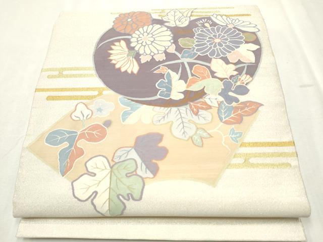 平和屋着物●爪掻き本綴れ 太鼓柄袋帯 地紙草花文 金糸 正絹 逸品 CABD5823hy
