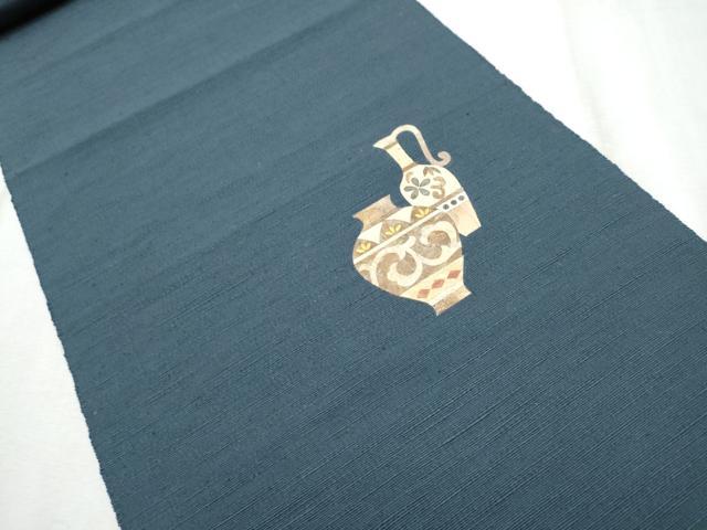 平和屋着物●蓑虫工芸作家 田尾笛秋 八寸名古屋帯 蓑虫 陶器花文 金彩 正絹 逸品 CABD5842hy