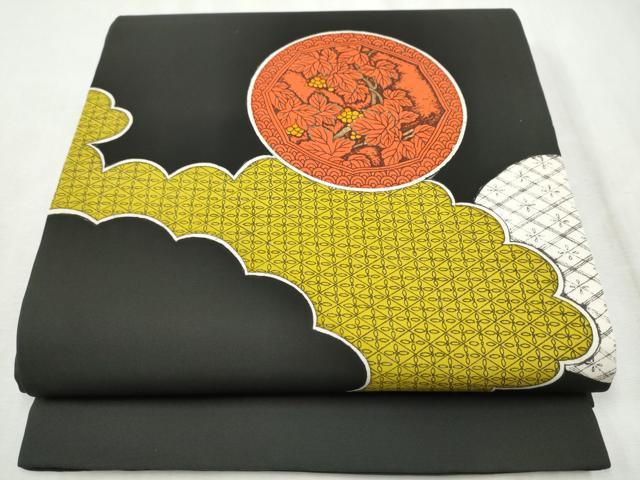 平和屋着物●塩瀬 九寸名古屋帯 雲鳥草花丸文 黒地 正絹 逸品 CABD5846hy