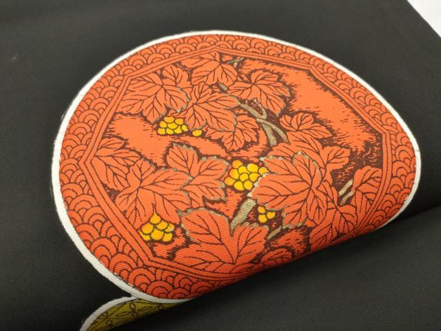 平和屋着物●塩瀬 九寸名古屋帯 雲鳥草花丸文 黒地 正絹 逸品 CABD5846hy