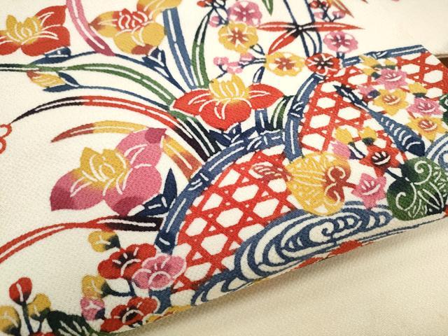 平和屋着物●九寸名古屋帯 紅型 流水草花文 正絹 逸品 CABD5858hy