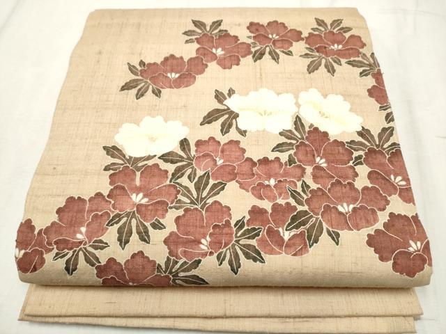 平和屋着物●九寸開き名古屋帯 生紬 型染め 舞花文 金彩 正絹 逸品 CABD5863hy