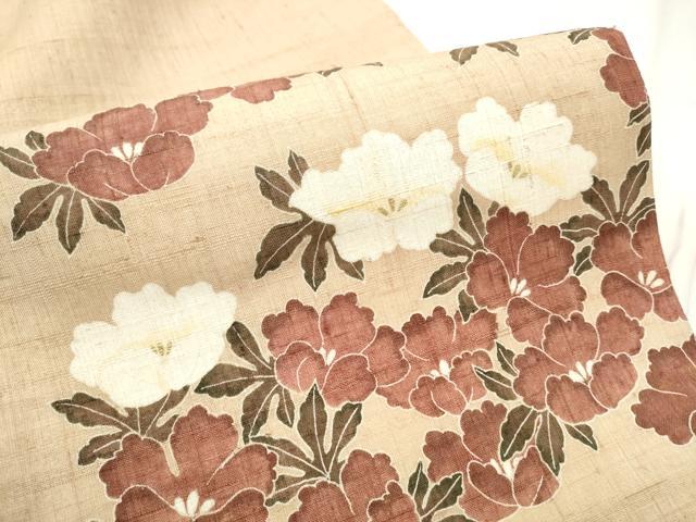 平和屋着物●九寸開き名古屋帯 生紬 型染め 舞花文 金彩 正絹 逸品 CABD5863hy