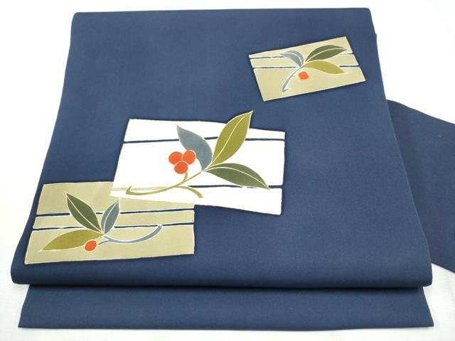 平和屋着物●塩瀬 九寸名古屋帯 駒刺繍 色紙枝葉文 金彩 正絹 逸品 CABD5871hy