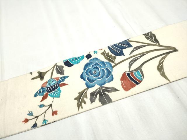 平和屋着物●九寸名古屋帯 作家物 紅型 紬地 枝花文 正絹 逸品 CABD5875hy
