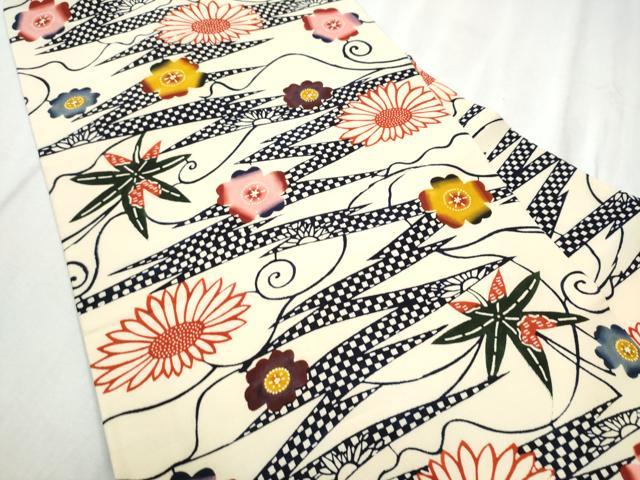 平和屋着物●九寸名古屋帯 紅型 紬地 草花文 正絹 逸品 CABD5876hy