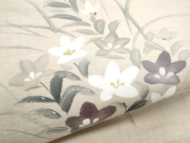 平和屋着物●九寸名古屋帯 手描き 紬地 桔梗文 金彩 正絹 逸品 CABD5895hy
