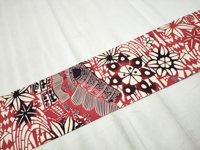 平和屋着物●塩瀬 全通柄 九寸名古屋帯 型染め 風景花文 正絹 逸品 CABD5898hy