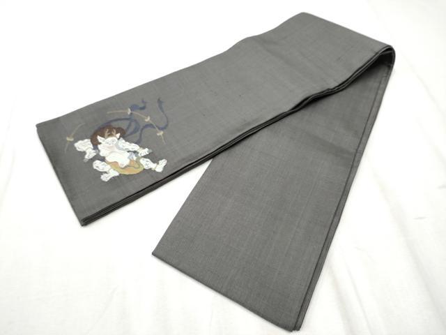 平和屋着物●半幅帯 紬地 ワンポイント 雷神 正絹 逸品 CABD5945hy