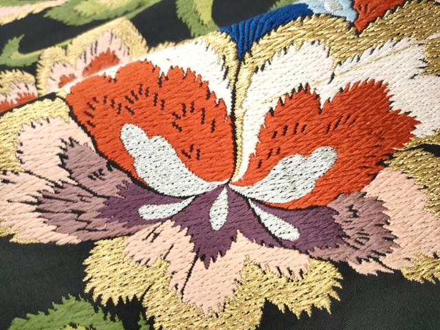 平和屋着物●六通柄 本袋帯 唐織 更紗花文 黒地 金糸 正絹 逸品 CABD5986hy
