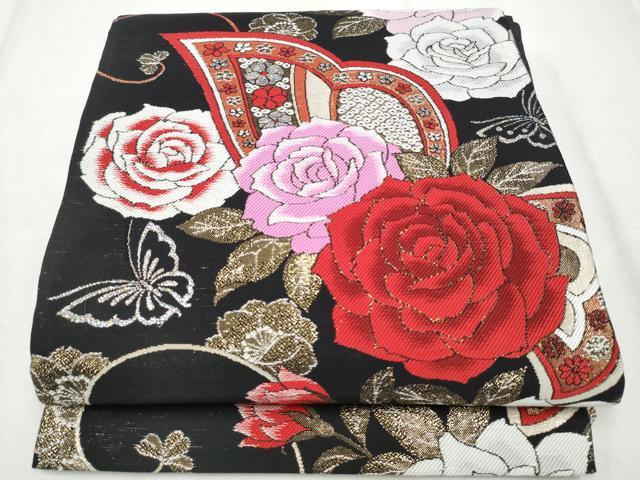 平和屋着物●六通柄袋帯 薔薇 花蝶文 黒地 金銀糸 正絹 逸品 CABD5990hy