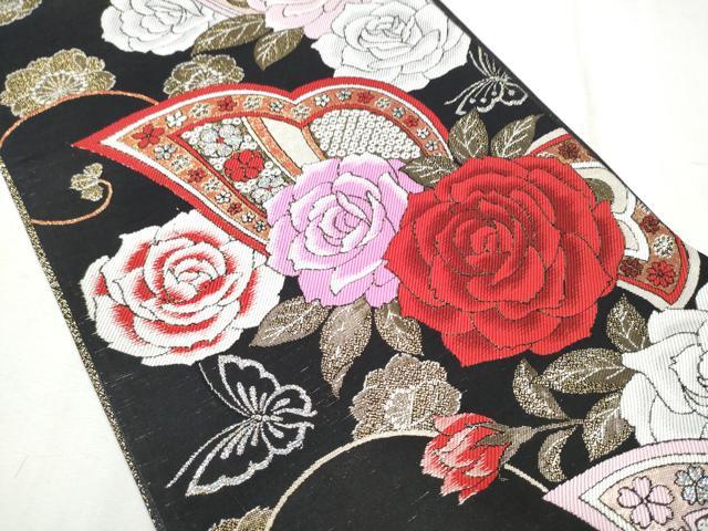 平和屋着物●六通柄袋帯 薔薇 花蝶文 黒地 金銀糸 正絹 逸品 CABD5990hy