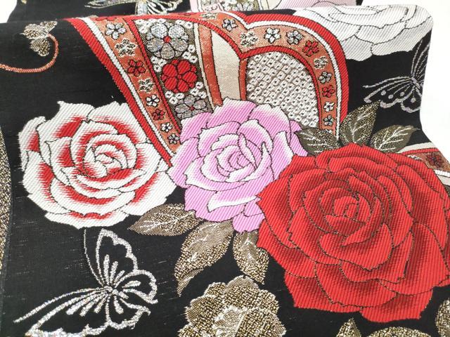 平和屋着物●六通柄袋帯 薔薇 花蝶文 黒地 金銀糸 正絹 逸品 CABD5990hy