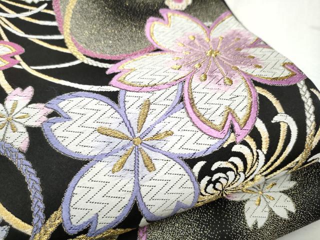 平和屋着物●六通柄袋帯 唐織 舞花文 黒地 金糸 正絹 逸品 CABD5992hy