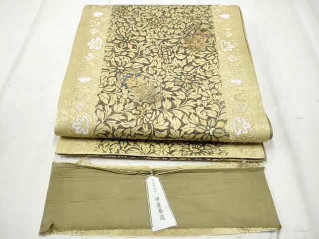 平和屋着物●螺鈿作家 甲斐泰造 全通柄袋帯 草花文 金彩 反端付き 正絹 逸品 未使用 CABD6000hy