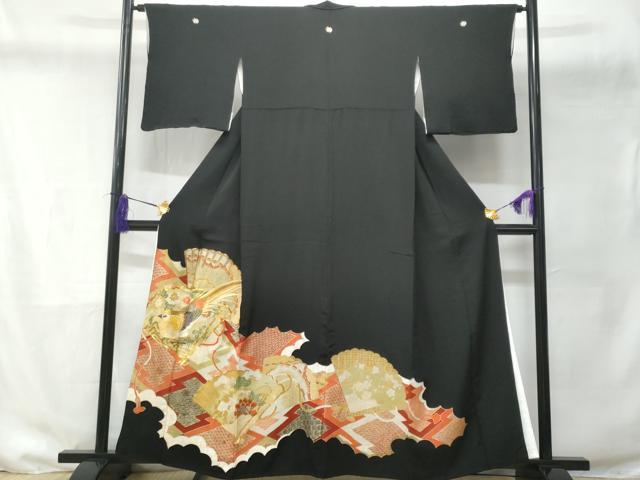 平和屋着物■豪華黒留袖 駒刺繍 尾長鳥檜扇花文 金彩 正絹 逸品 CABD6148fb