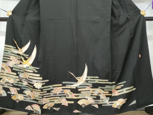 平和屋着物■豪華黒留袖 作家物 駒刺繍 エ霞扇面飛鶴吉祥花文 金彩 正絹 逸品 CABD6305fb