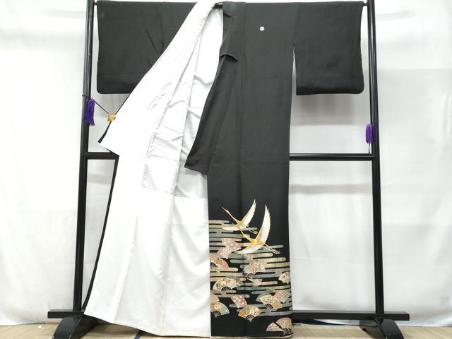 平和屋着物■豪華黒留袖 作家物 駒刺繍 エ霞扇面飛鶴吉祥花文 金彩 正絹 逸品 CABD6305fb