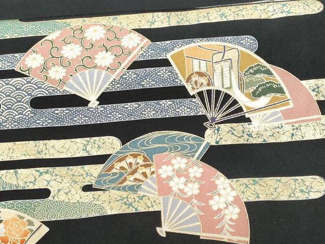 平和屋着物■豪華黒留袖 作家物 駒刺繍 エ霞扇面飛鶴吉祥花文 金彩 正絹 逸品 CABD6305fb