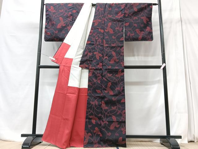 平和屋着物■上質な紬 蔦の葉文 黒地 正絹 逸品 CABD7142xe