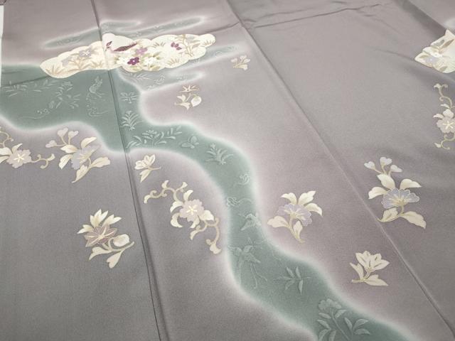 平和屋着物●訪問着 刺繍 貝紫 雲取り尾長鳥草花文 暈し染め 金彩 正絹 逸品 CABD7225ut