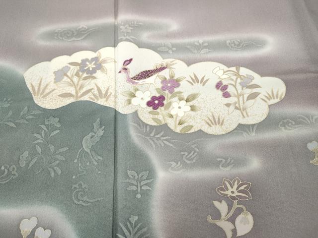 平和屋着物●訪問着 刺繍 貝紫 雲取り尾長鳥草花文 暈し染め 金彩 正絹 逸品 CABD7225ut