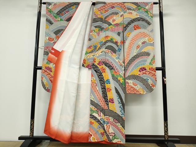 平和屋着物●豪華振袖 型染め 吉祥花文 鬼しぼ縮緬 正絹 逸品 CABD7241ut
