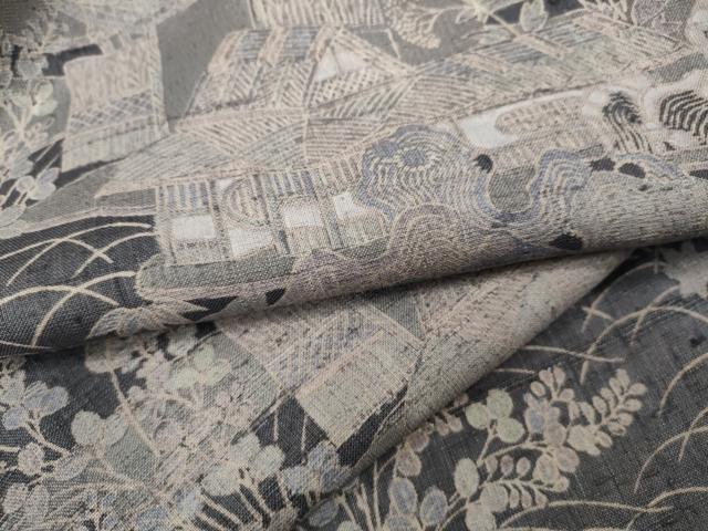 平和屋着物●染織の名門 しょうざん 生紬 風景草花文 正絹 逸品 CABD7257ut