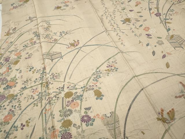 平和屋着物●訪問着 生紬 花鳥蝶文 正絹 逸品 CABD7272ut