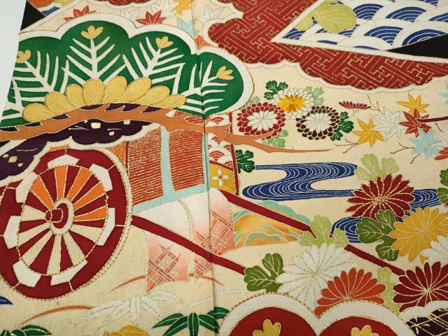 平和屋着物●アンティーク 大正ロマン 黒留袖 駒刺繍 松皮菱御所車花文 金彩 正絹 逸品 CABD7276ut