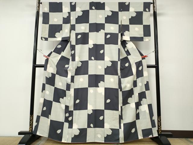 平和屋着物●上質な小紋 鹿の子格子舞桜文 金彩 正絹 逸品 CABD7281ut