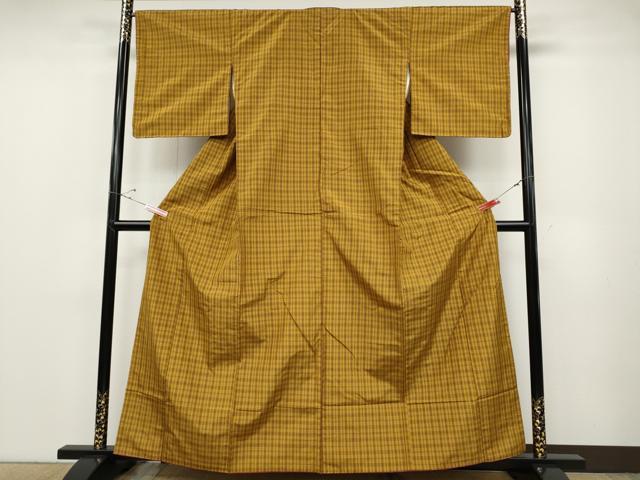 平和屋着物●本場黄八丈 平織 紬 格子柄 正絹 逸品 CABD7303ut